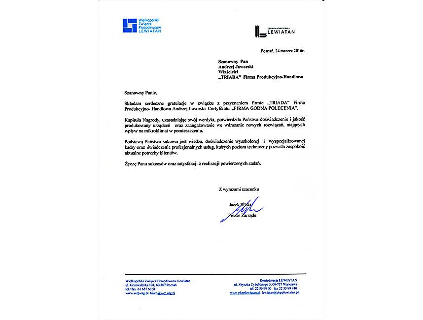 Gratulacje dla Andrzeja Jaworskiego od Wielkopolskiego Związku Pracodawców LEWIATAN