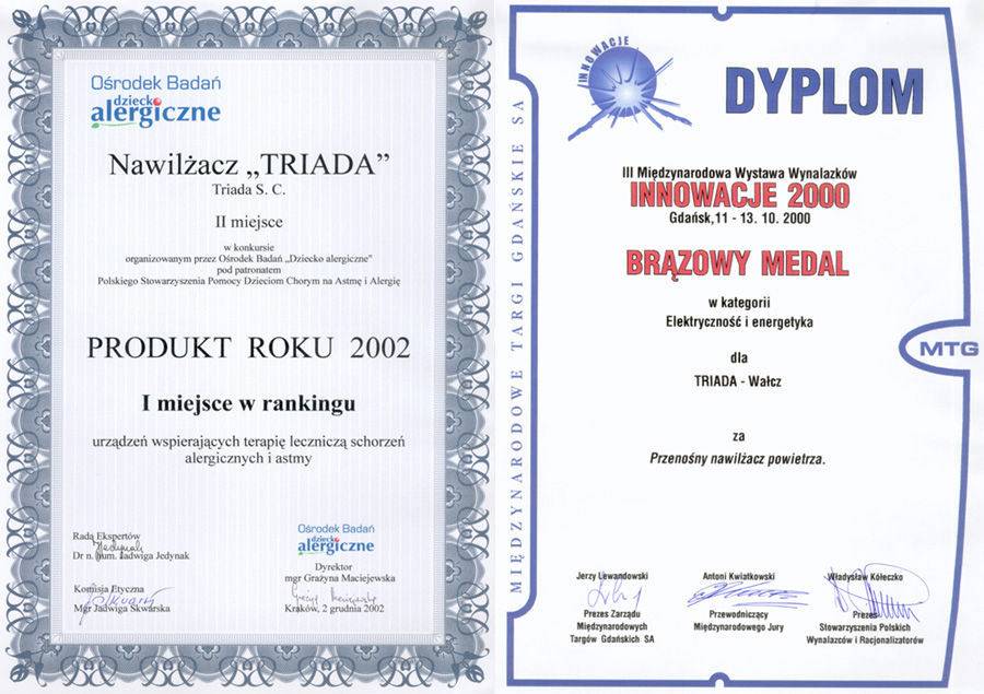 Innowacje 2000, - produkt roku, oraz Brązowy medal Międzynarodowej Wystawy Wynalzaków INNOWACJE 2000