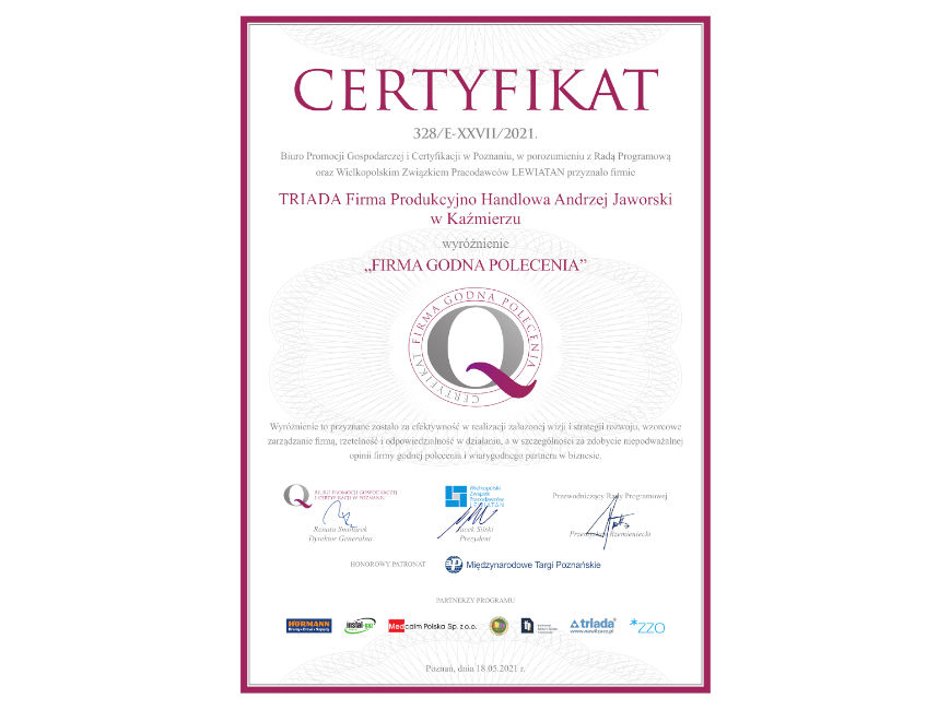 Certyfikat - Firma Godna Polecenia, 2021 rok